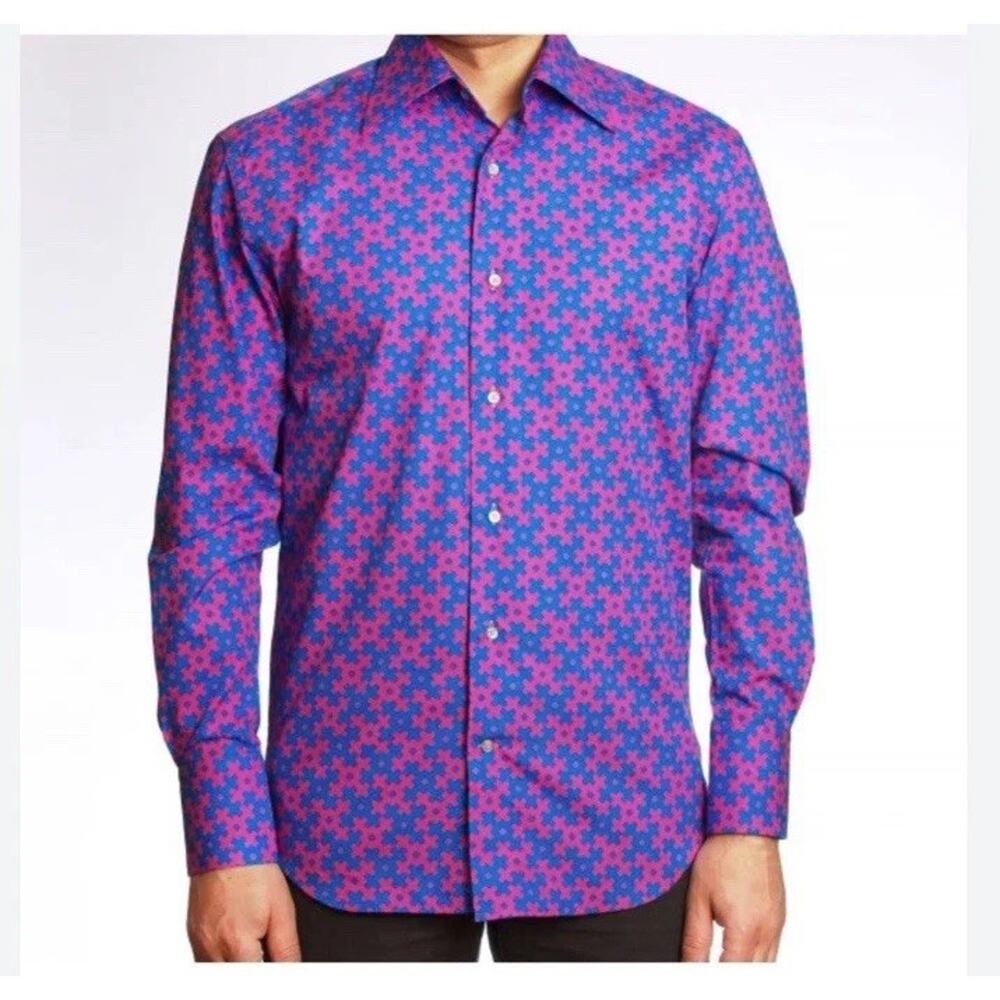 Coton Doux Shirt Mens 16.5 Large Blue Pink Geometric Check Long Sleeve Button Up